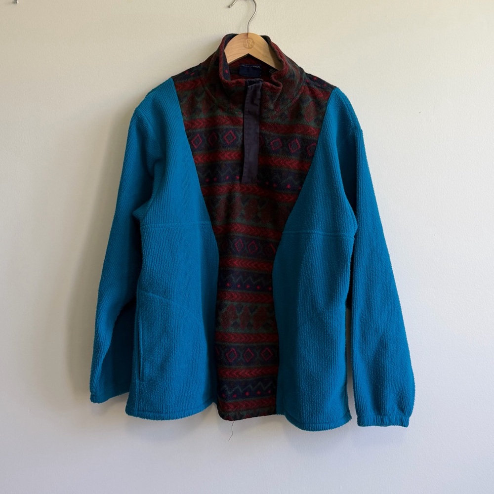 Custom Patchwork Fleece Quarter Zip Pullover Blue with Aztec Panel